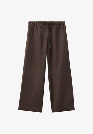Pantalones de lino marrones de pierna ancha, con cintura elástica, cordón ajustable y cierre de bragueta con tres botones.