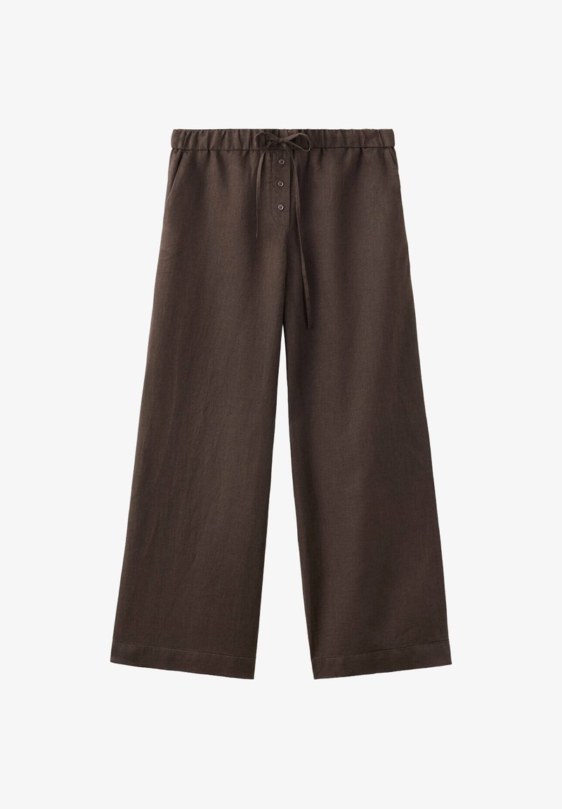 Pantalon large en lin marron avec taille élastique, cordon de serrage et fermeture braguette à trois boutons.