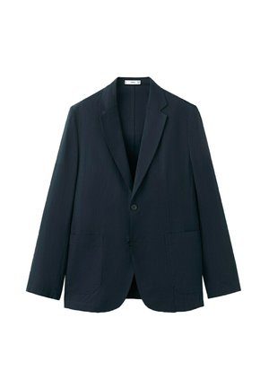Blazer blu navy monopetto con risvolti a lancia, due tasche applicate frontali e due bottoni sul davanti.