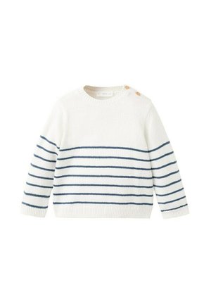 White knitted sweater with navy horizontal stripes on sleeves and body, featuring two wooden buttons on left shoulder.