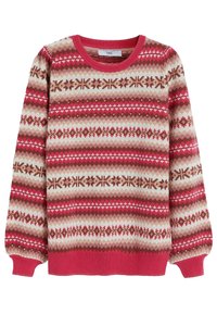 Pull en tricot multicolore avec un motif géométrique et de flocons de neige en rouge, rose et crème. Col et poignets côtelés, texture douce, coupe décontractée.