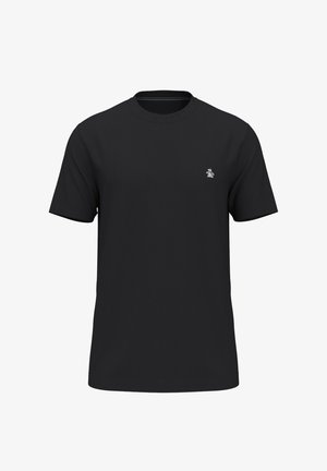 T-shirt en coton noir à manches courtes, col rond et petit logo sur la poitrine. Texture lisse et design à coupe classique.