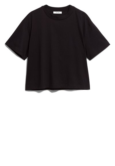Black cotton crop t-shirt with a round neckline and short sleeves. Features a relaxed fit and simple, unembellished design.