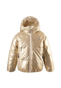 Giacca a vento dorata con finitura lucida, cappuccio, zip frontale e tasche laterali. Presenta una texture trapuntata e un piccolo logo sul petto.
