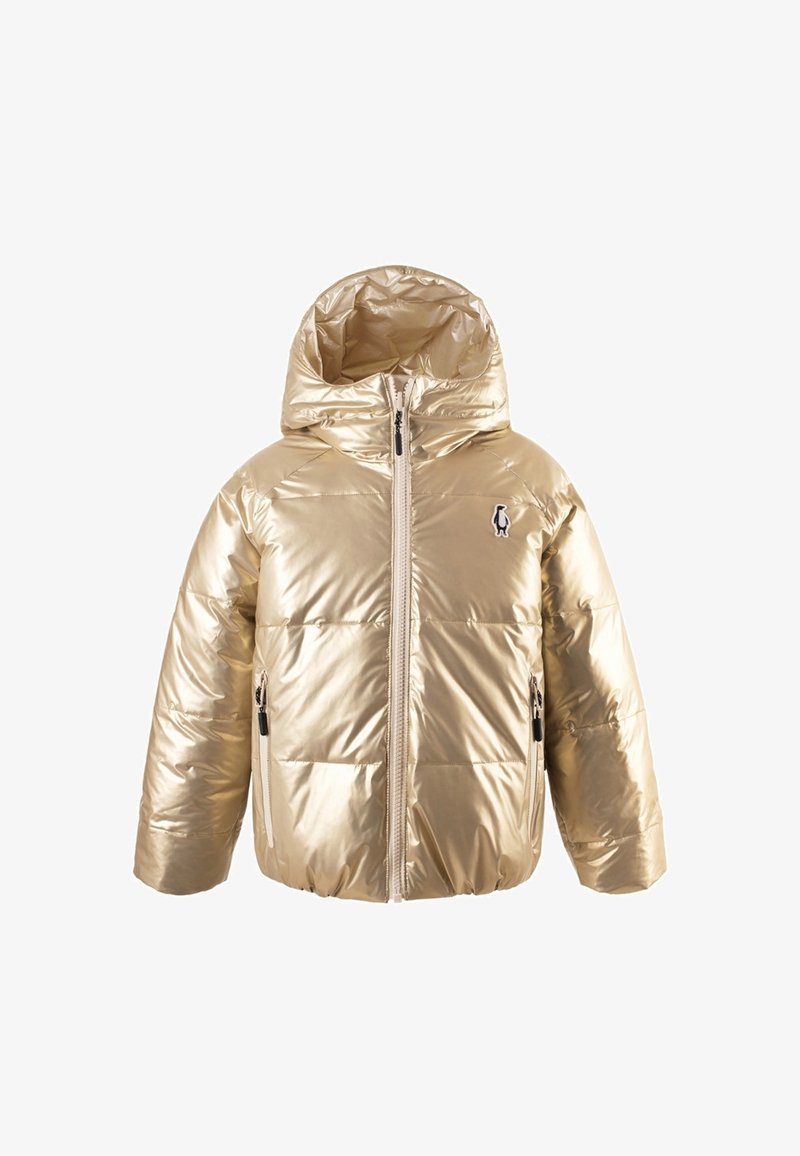 Giacca a vento dorata con finitura lucida, cappuccio, zip frontale e tasche laterali. Presenta una texture trapuntata e un piccolo logo sul petto.