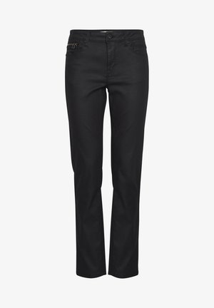 Schwarze Jeans aus Denim mit geradem Schnitt. Zu den Merkmalen gehören ein standardmäßiger Knopfverschluss, eine Reißverschlusstasche und minimale Nähdetails.