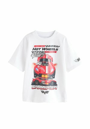White t-shirt featuring a red race car graphic with "Hot Wheels Racing Team" and "Champion" text in bold, black lettering.