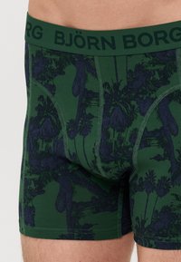 Zöld boxer alsónadrág sötét pálmafa mintázattal, széles zöld derékrésszel, amelyen nagybetűkkel szerepel a "BJÖRN BORG" felirat.
