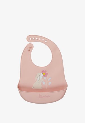 Soft pink silicone baby bib with adjustable snap closures, front pocket, and illustration of a bunny smelling a pink flower.