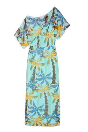 Rochie lungă, vaporoasă, confecționată dintr-un material ușor, având o culoare turcoaz cu un model vibrant de palmieri și flori. Include mâneci scurte.