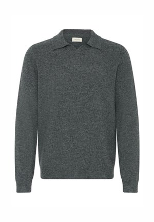 Dark gray knitted sweater with a V-neck and a collared design. Features long sleeves and ribbed texture at the hem and cuffs.