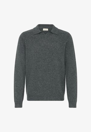 Dunkelgrauer Strickpullover mit V-Ausschnitt und Kragen-Design. Verfügt über lange Ärmel und ein geripptes Muster am Saum und an den Bündchen.