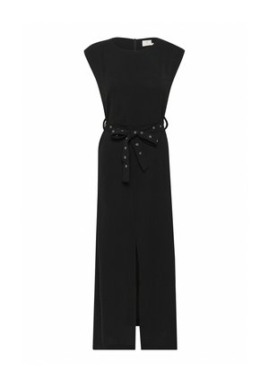 Sort ærmeløs kjole med en tætsiddende talje og bælte-detalje, der har en åben slids foran og et enkelt, elegant design.