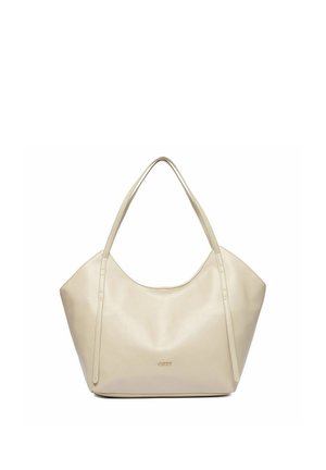 Borsa tote in pelle beige con due spallacci e piccolo logo dorato "JENNY" centrato vicino al fondo.