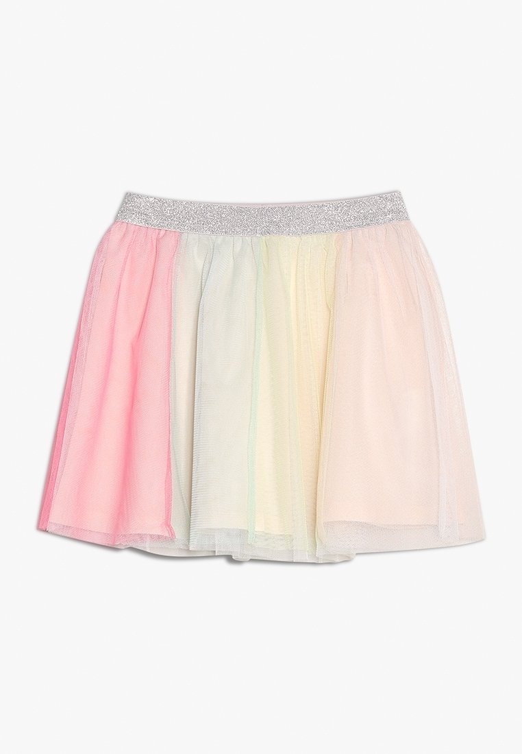 Jupe en tulle pour filles avec ceinture taille pailletée argentée et panneaux de couleurs pastel rose, blanc, jaune et pêche.