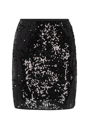 Fekete flitteres miniszoknya, testhez simuló szabással, sima derékpánttal és rengeteg fényvisszaverő flitter által varázslatosan csillogó felülettel.