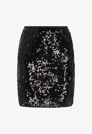 Mini-jupe noire à sequins avec une coupe ajustée, dotée d'une ceinture lisse et d'une texture scintillante grâce à de nombreux sequins réfléchissants.