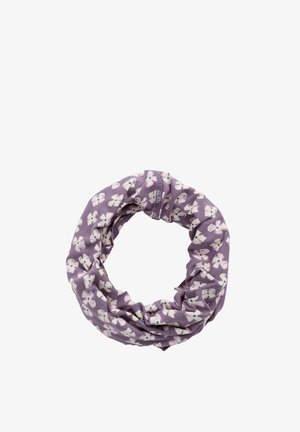 Fascia per capelli in tessuto viola con piccolo motivo a fiori bianchi, disposta a forma circolare su sfondo bianco.