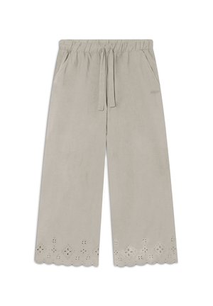 Pantaloni larghi grigi chiari con vita elasticizzata e cordoncino. Caratterizzati da orlo scallop e traforature decorative sul fondo.