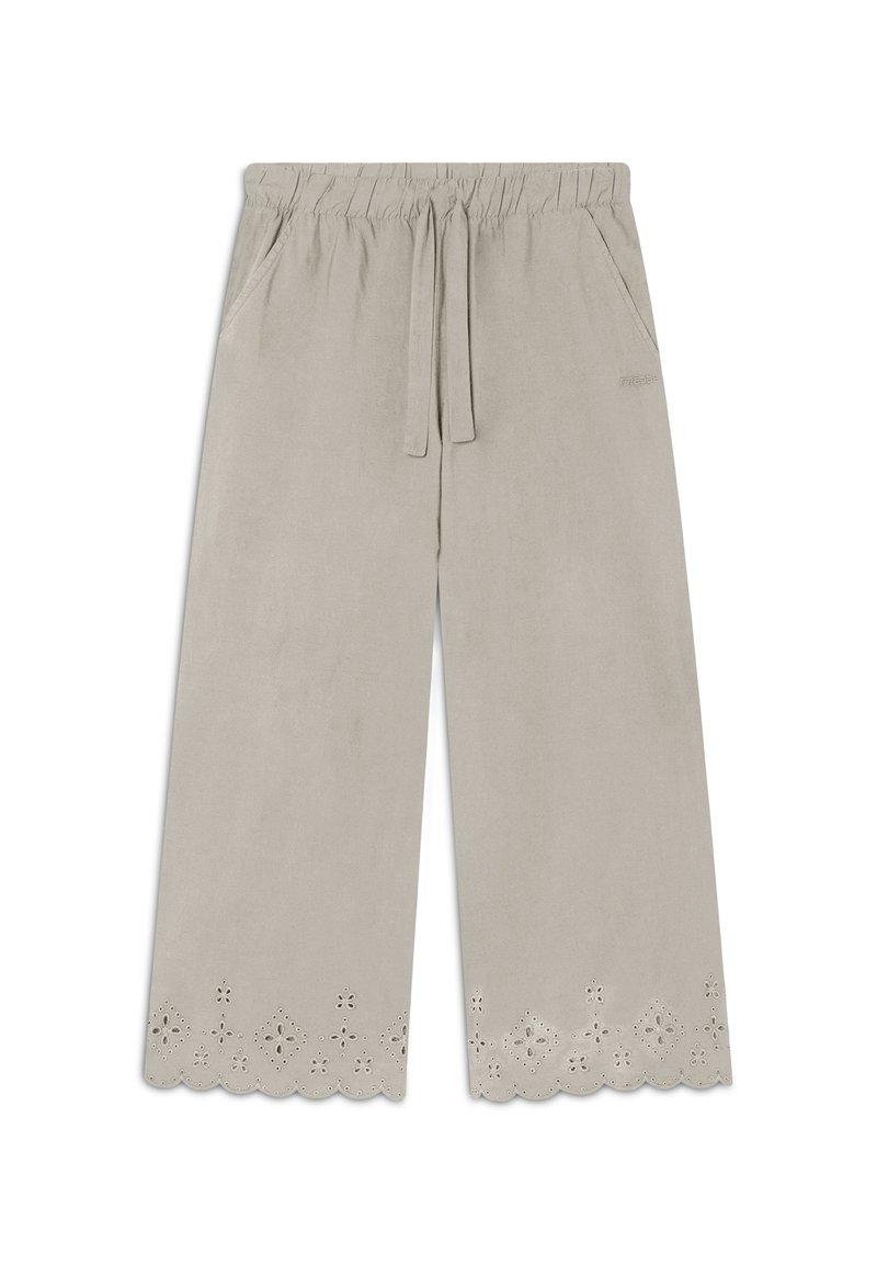 Pantaloni larghi grigi chiari con vita elasticizzata e cordoncino. Caratterizzati da orlo scallop e traforature decorative sul fondo.