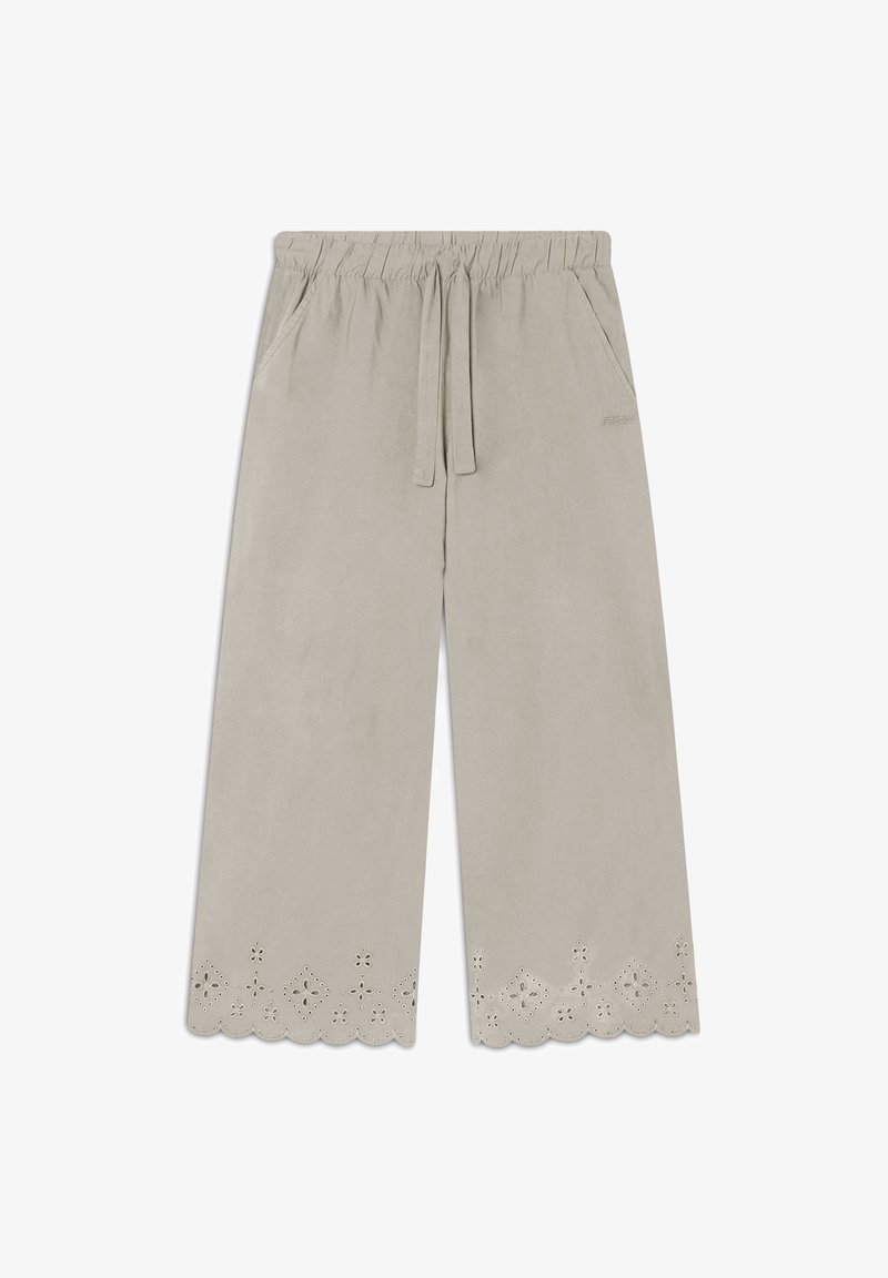 Pantaloni larghi grigi chiari con vita elasticizzata e cordoncino. Caratterizzati da orlo scallop e traforature decorative sul fondo.