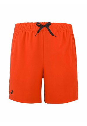 Costume da bagno da uomo di colore arancione brillante con coulisse nera e piccolo logo nero sulla gamba sinistra, vista frontale su sfondo bianco.