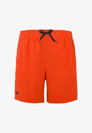 Helle orangefarbene Herren-Badehose mit schwarzem Kordelzug und kleinem schwarzem Logo am linken Bein, Vorderansicht auf weißem Hintergrund.