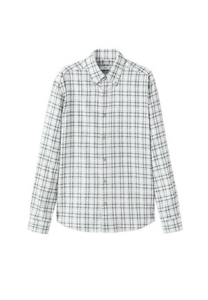 Pánska košeľa s dlhými rukávmi so sivobielym károvaným vzorom, zapínaním na gombíky vpredu a klasickým golierom. Vyrobená z ľahkej tkaniny.