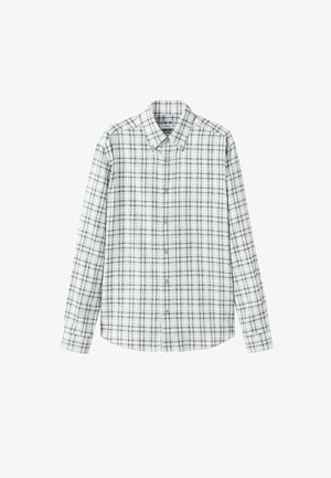 Pánska košeľa s dlhými rukávmi so sivobielym károvaným vzorom, zapínaním na gombíky vpredu a klasickým golierom. Vyrobená z ľahkej tkaniny.