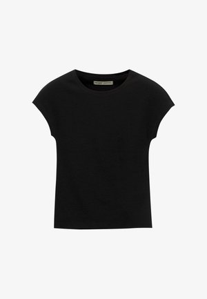 Čierne tričko s krátkym rukávom vyrobené z mäkkého materiálu, s okrúhlym výstrihom a voľným strihom, s hladkou textúrou a bez vzorov.