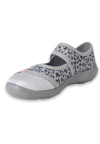 Grauer Stoffschuh mit Leopardenmuster, elastischen Kreuzriemen, glatter Textur und flexibler Gummisohle. Mit floraler Stickerei an der Zehenpartie.