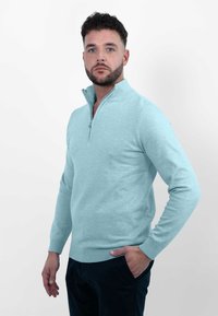 Lichtblauwe sweater met ritskraag, ribgebreide manchetten en onderkant. Gemaakt van een zachte stof, met een gladde textuur en minimale ontwerpelementen.