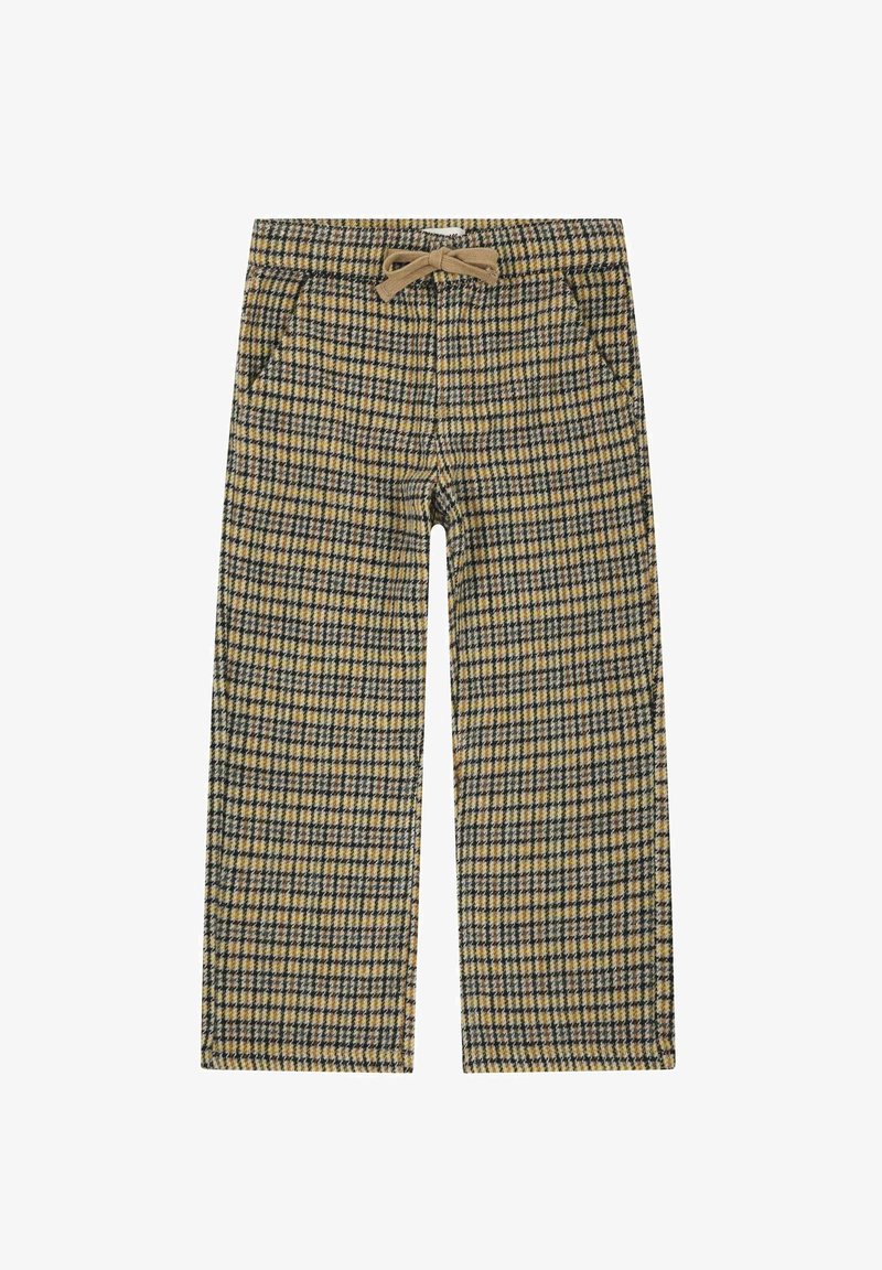 Pantalon large style tweed à motif à carreaux beige, noir et jaune, avec taille à cordon beige et poches latérales.