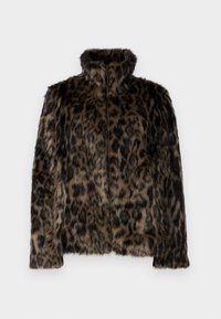 Giacca in pelliccia sintetica con motivo leopardato, dotata di un colletto alto e una cerniera frontale. La texture è morbida e spessa, in tonalità di marrone e nero.