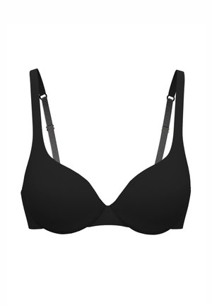 Black underwire bra with adjustable narrow straps and molded cups designed for support and shaping.