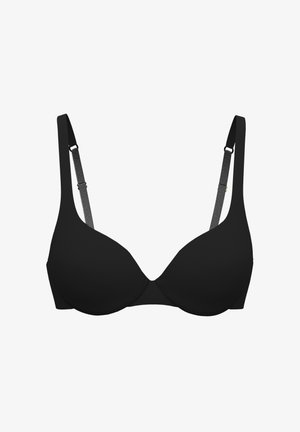 Black underwire bra with adjustable narrow straps and molded cups designed for support and shaping.