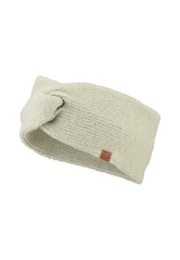 Spleciona opaska na głowę w jasnoszarym kolorze, z skręconym wzorem. Miękka tekstura z małą brązową łatą z logo. Odpowiednia na zimne dni.