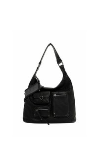 Borsa a tracolla in pelle nera con forma hobo, dotata di due tasche frontali con zip, una tasca con patta e una tracolla imbottita con motivo a spina di pesce.