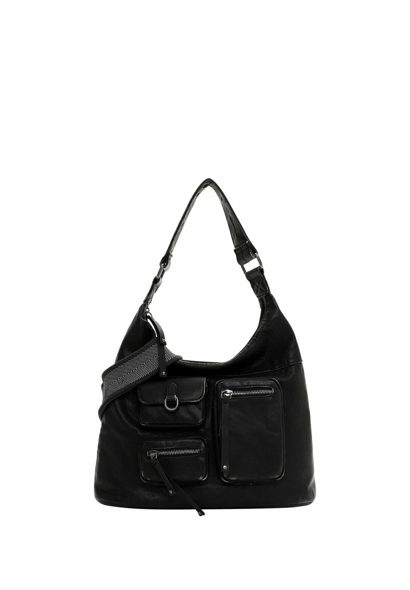 Borsa a tracolla in pelle nera con forma hobo, dotata di due tasche frontali con zip, una tasca con patta e una tracolla imbottita con motivo a spina di pesce.