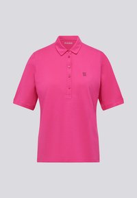 Kurzärmliges Poloshirt in leuchtendem Pink. Aus glattem Stoff gefertigt, mit Kragen, knöpfbarem Ausschnitt mit fünf Knöpfen und einem kleinen Logo auf der linken Brust.