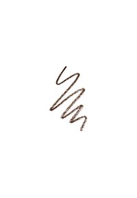 Tratto di matita per occhi marrone su sfondo bianco, che presenta una linea liscia e texture con un leggero luccichio e spessori variabili.