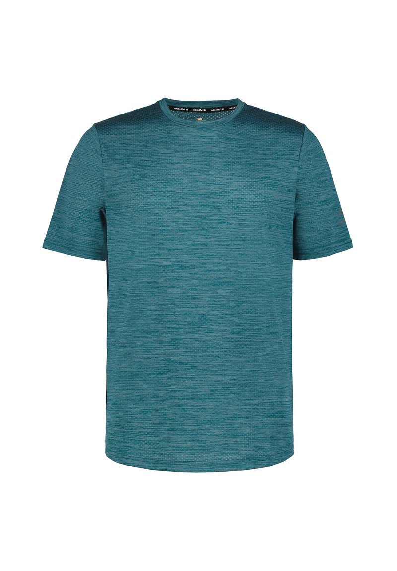 T-shirt a maniche corte color turchese con un motivo a righe testurizzato. Design a girocollo, realizzato in un tessuto leggero.