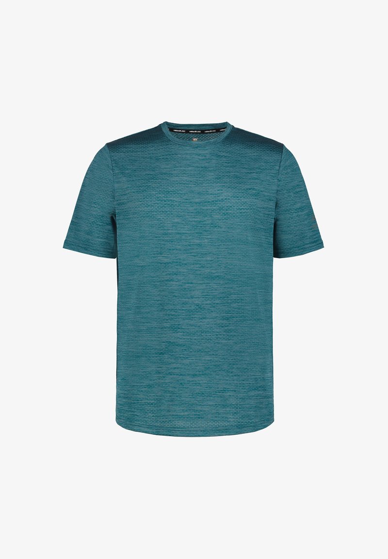 T-shirt a maniche corte color turchese con un motivo a righe testurizzato. Design a girocollo, realizzato in un tessuto leggero.