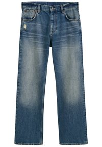 Jeans de mezclilla azul con un corte relajado, desgastados en la parte frontal y con un ligero desvanecimiento. Presenta cinco bolsillos y un cierre de botón tradicional.