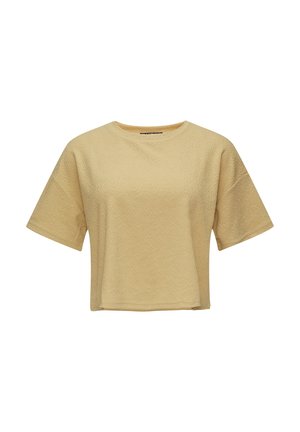 Korte mouw, cropped t-shirt in lichtgeel met een tekstuurpatroon. Ronde halslijn en een losse, ontspannen pasvorm.