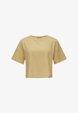 Korte mouw, cropped t-shirt in lichtgeel met een tekstuurpatroon. Ronde halslijn en een losse, ontspannen pasvorm.