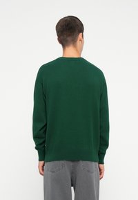 Grüner Strickpullover mit Rundhalsausschnitt und langen Ärmeln, ausgestattet mit gerippten Bündchen und Saum, getragen über grauen Hosen. Schlichte Gestaltung, glatte Textur.
