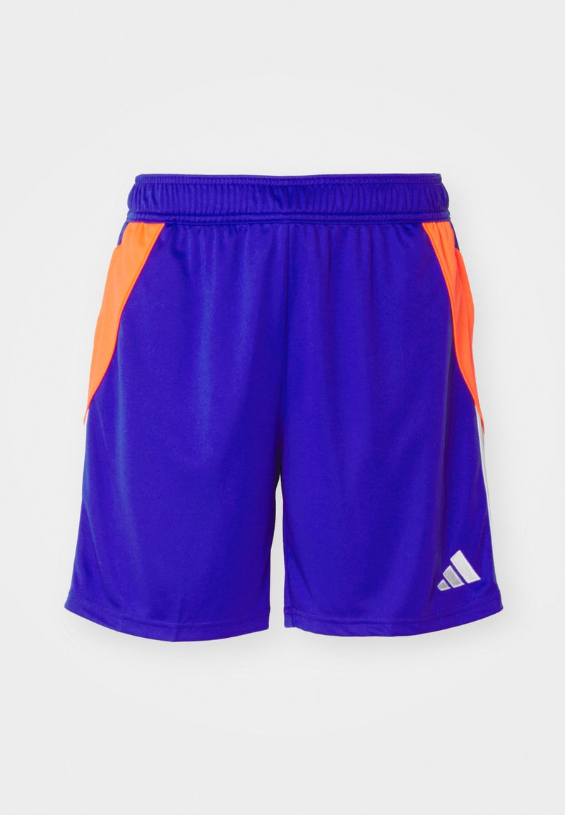 Violet sporta šorti ar spilgti oranžiem sānu paneļiem, elastīgu jostasvietu un baltu logotipu. Materiāls izskatās viegls un gluds.