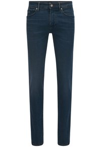 Jean en denim bleu foncé avec une coupe slim, comportant cinq poches, une fermeture à bouton et à glissière, ainsi que des détails de couture subtils.