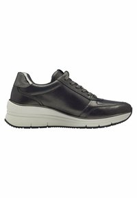 Black leather sneaker with a smooth texture, rounded toe, and lace-up design. Features a thick white midsole and rubber outsole.